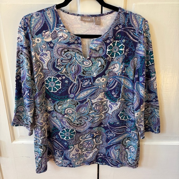 Chico's Size 2 Blue Abstract Floral Paisley Print Blouse Top Shirt‎ Size Large - Picture 3 of 13